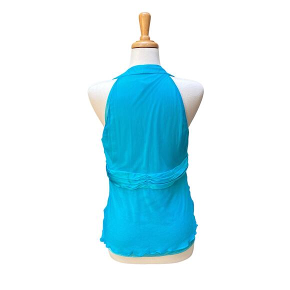 VTG Y2K Silk Halter Top Med/LG Blue Babydoll Ribbon Chiffon V Neck Coquette - Picture 5 of 12